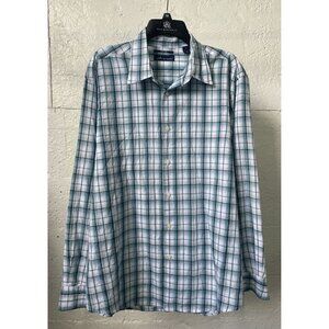 John Ashford Men’s Button-Up Collared Teal White Plaid Size XL